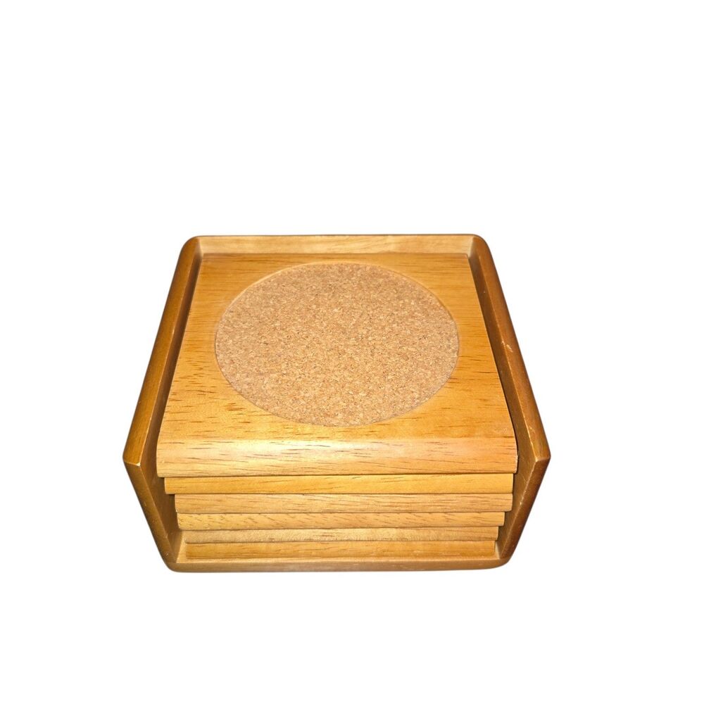 Furio Home Six Piece Wood & Cork Coaster Set With Wooden Caddy‎ Holder 5"X5"X5"